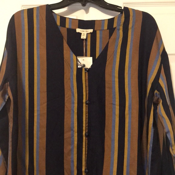 Navy Gold Brown Striped Blouse w/ Tie Knot Bottom - Picture 2 of 4